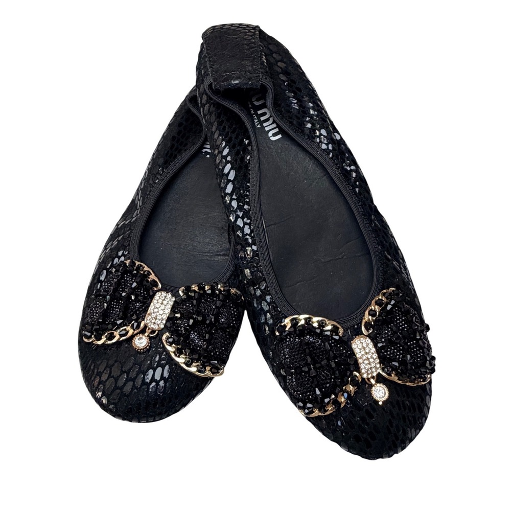 Miu Miu Black Snakeskin Crystal Bow Ballet Flats Size 38